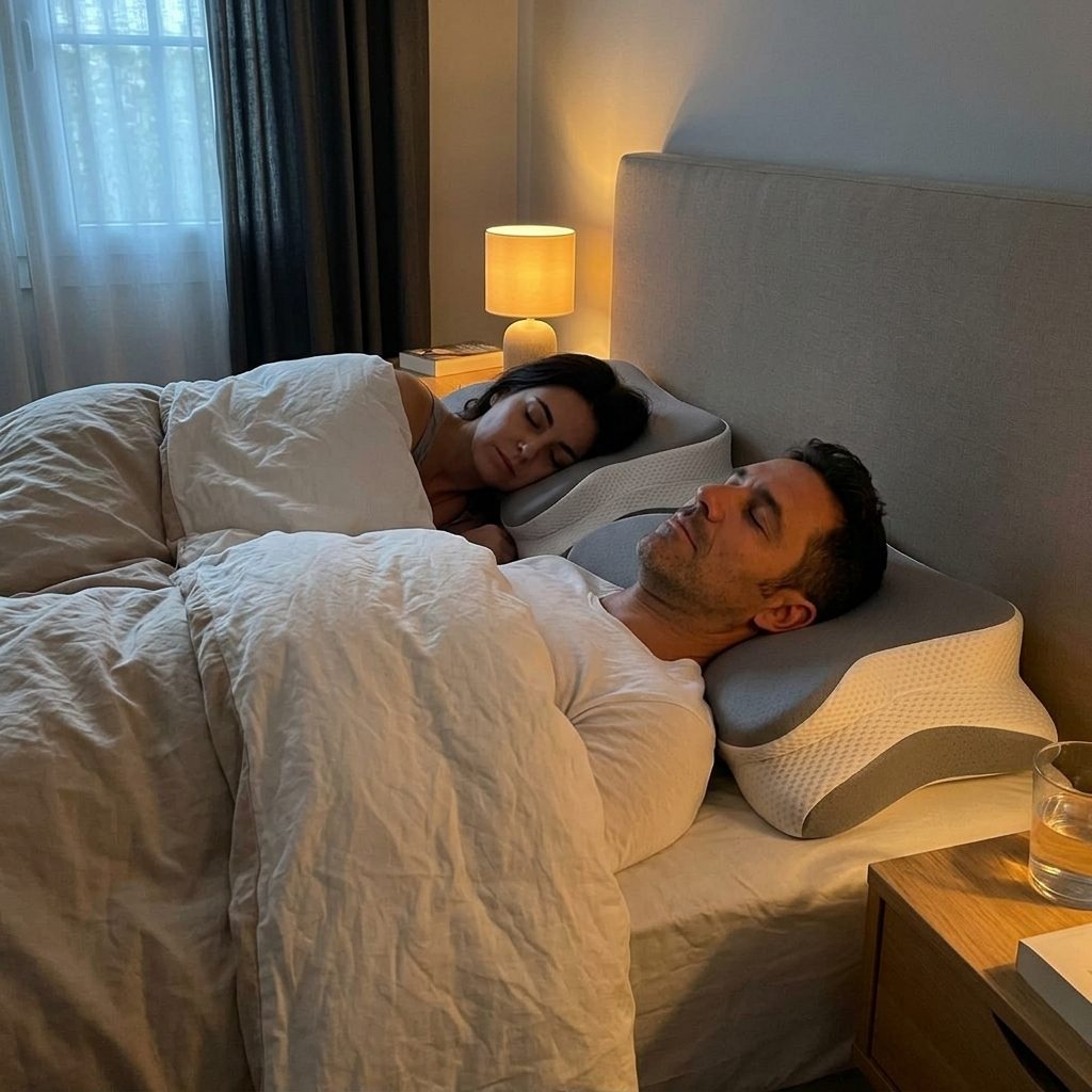 Pareja durmiendo, cada uno con su almohada cervical