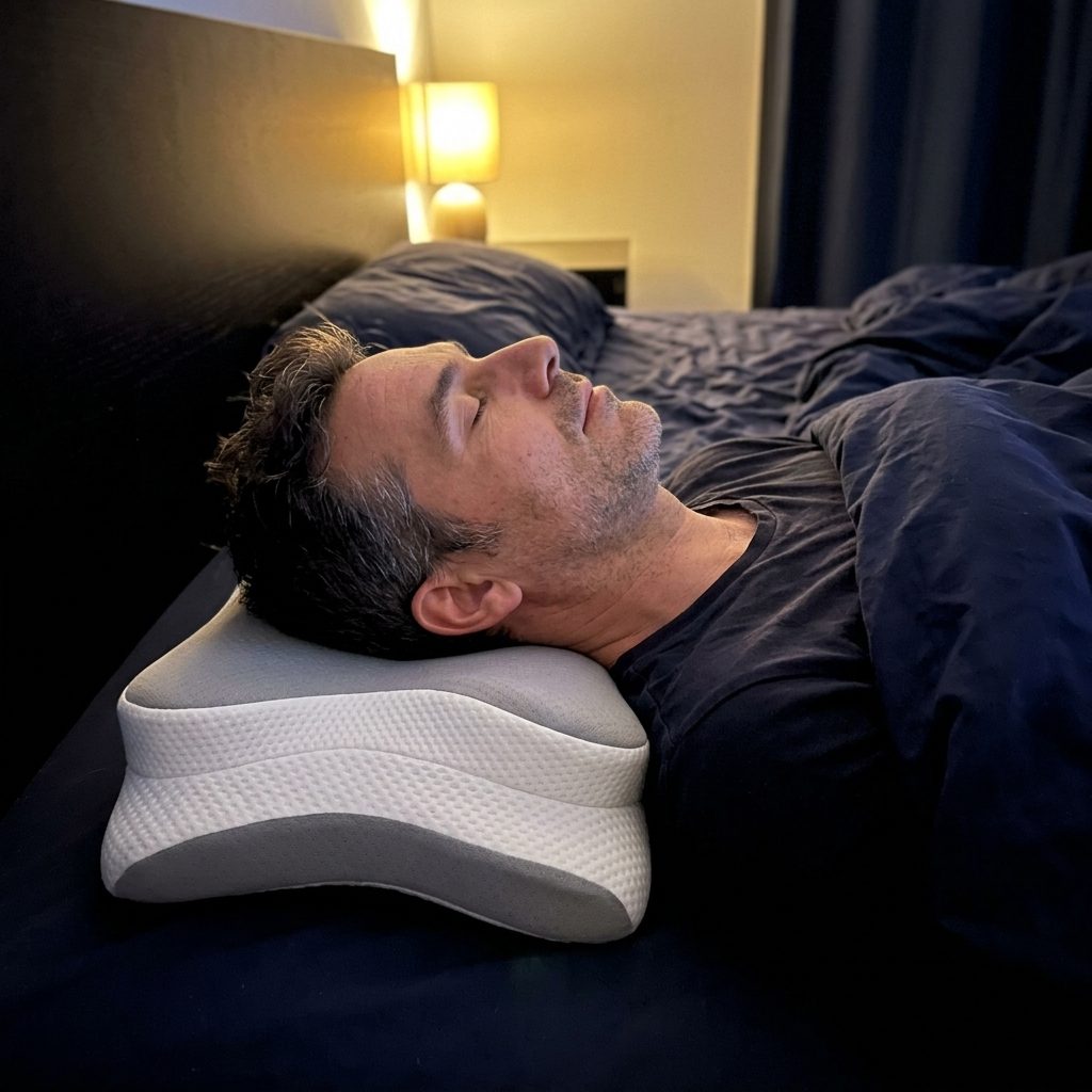Hombre durmiendo boca arriba con el cuello apoyado
